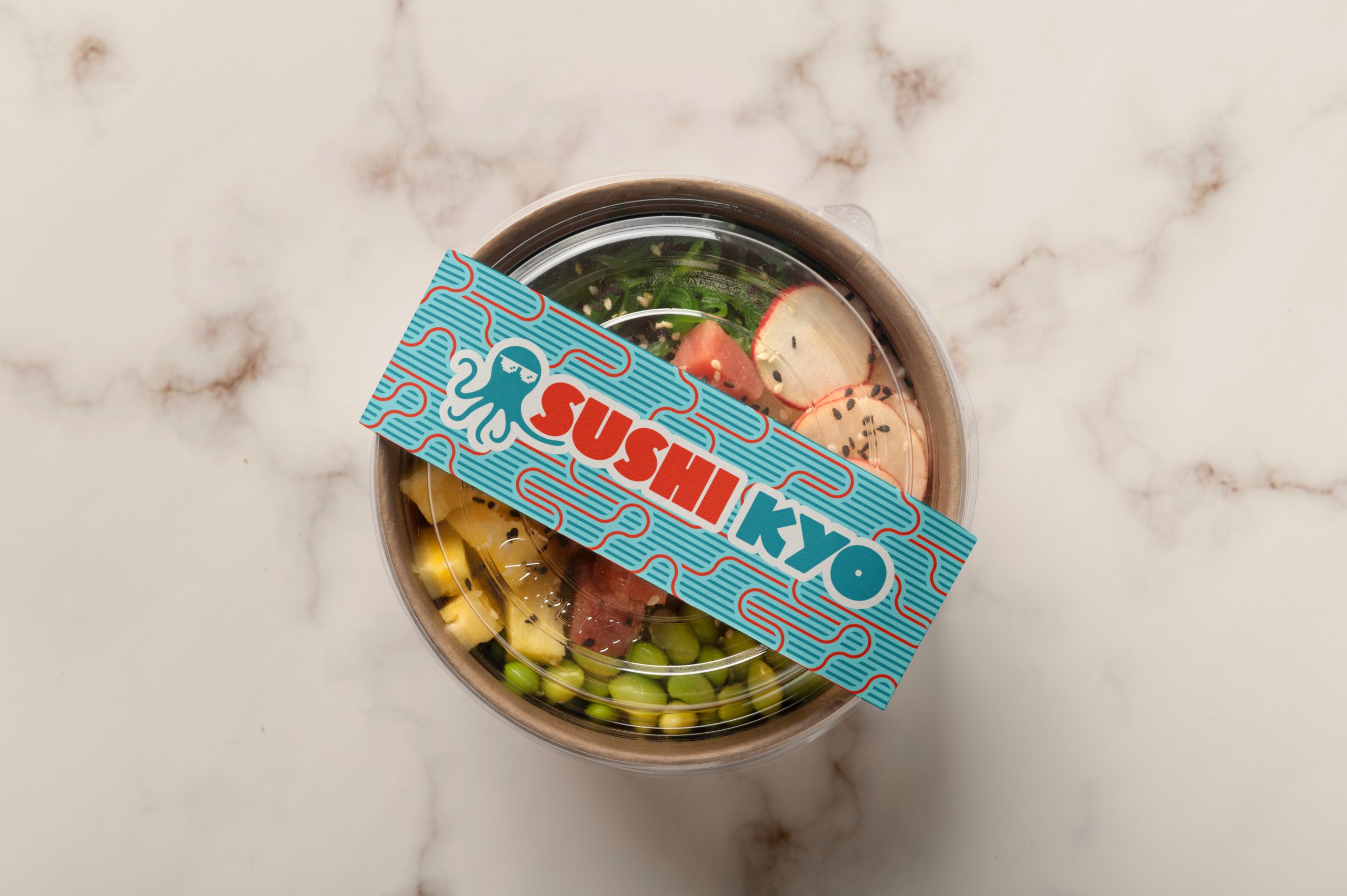 Modern sushi bowl packaging design with bold graphic branding and octopus logo for urban sushi restaurant