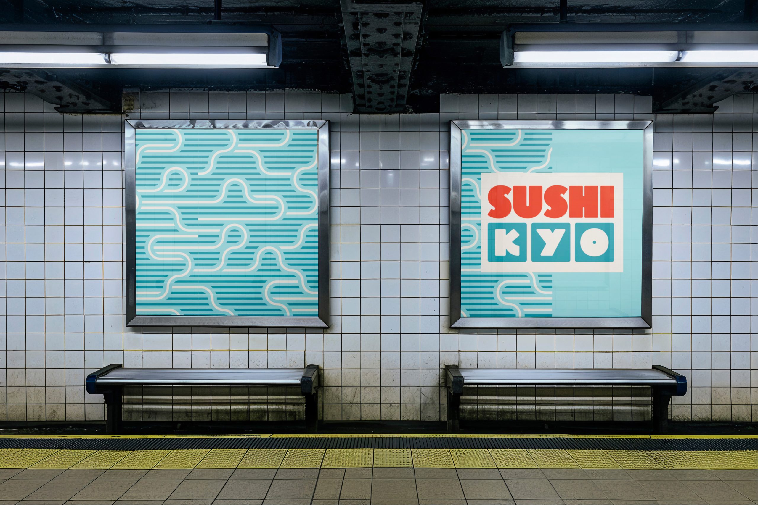 Sushi restaurant branding displayed on subway posters with bold graphic patterns