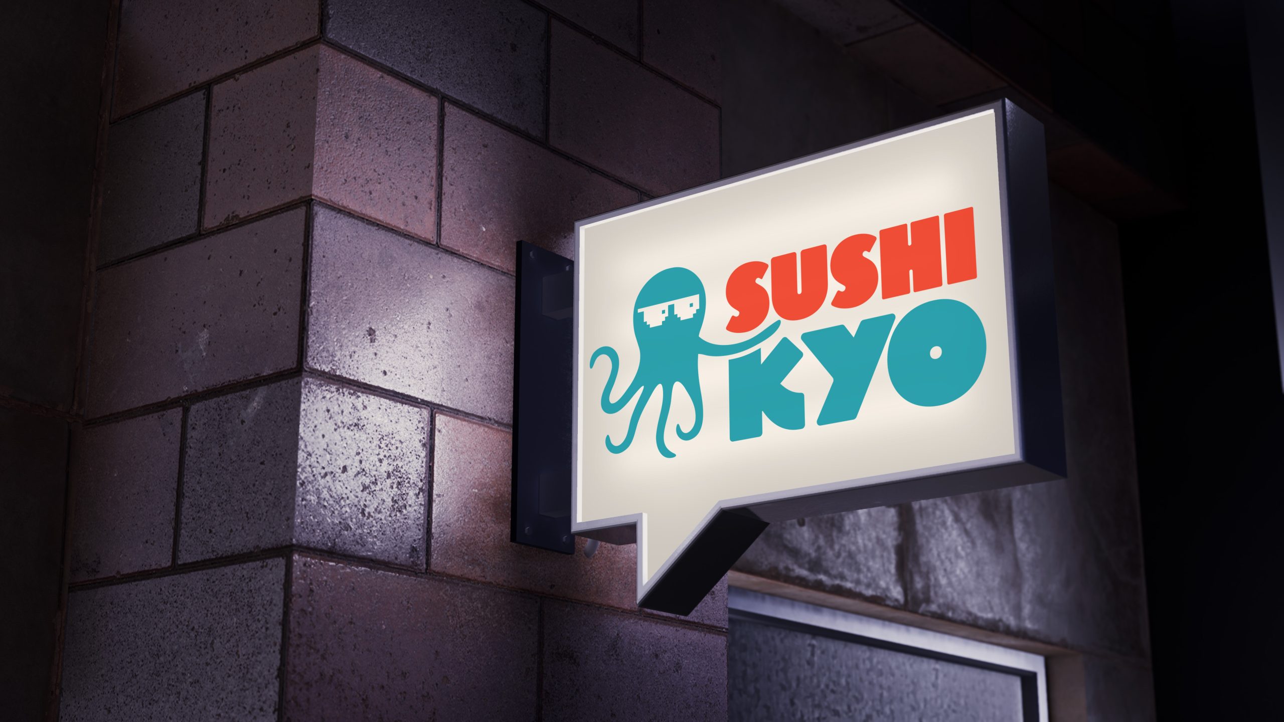 Illuminated sushi restaurant sign with bold logo and octopus icon for modern hospitality branding