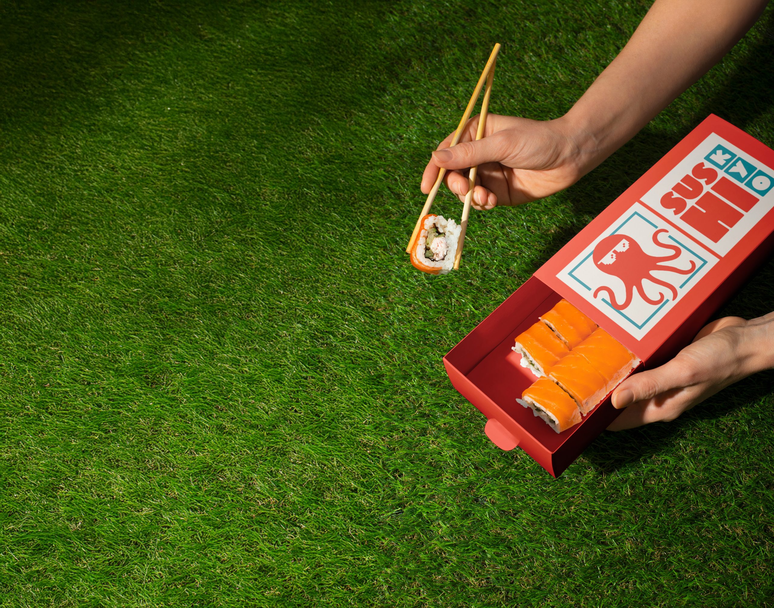 Sushi takeaway box with bold branding and logo for modern restaurant packaging design