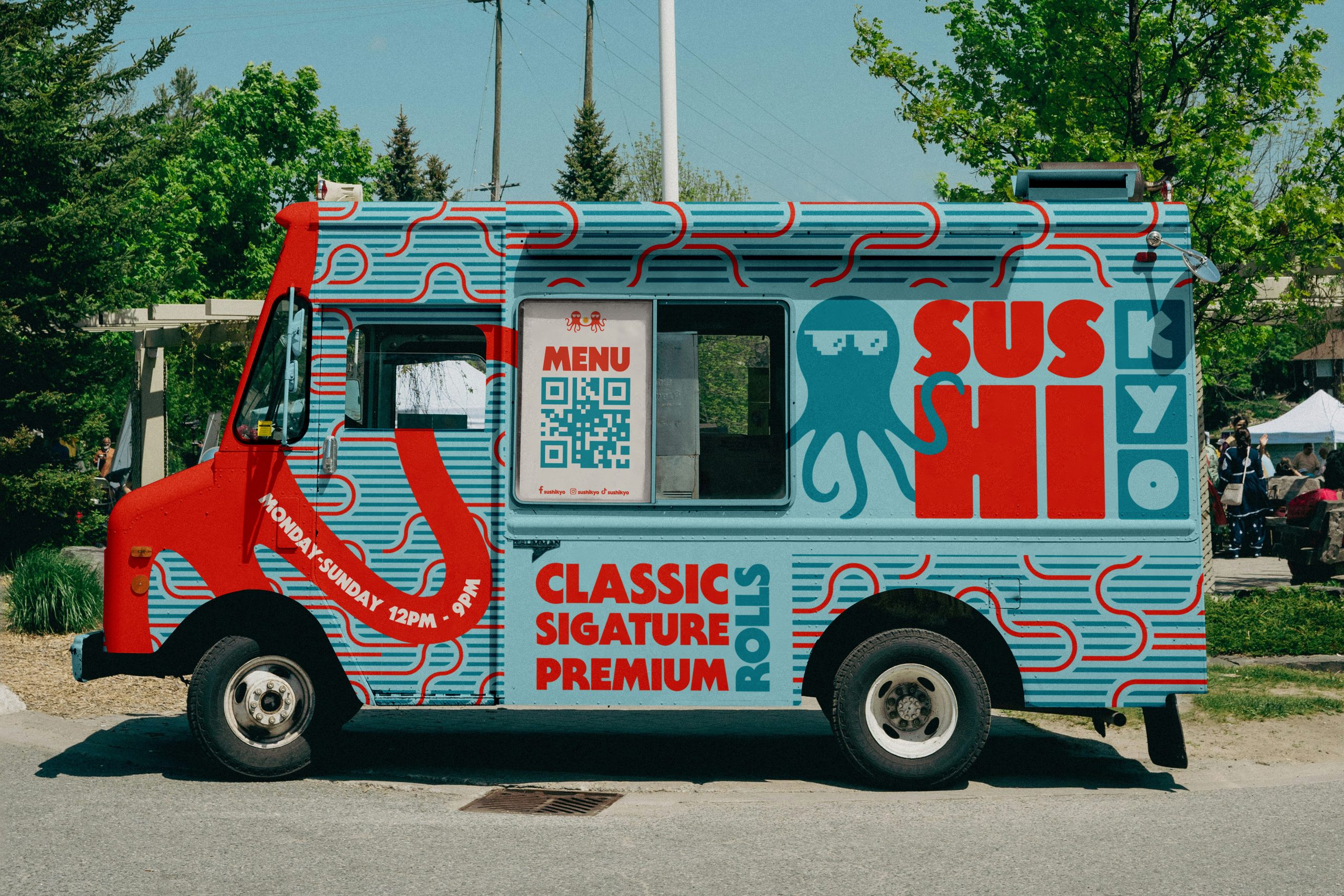 Sushi food truck branding with bold graphics, logo, and urban design style
