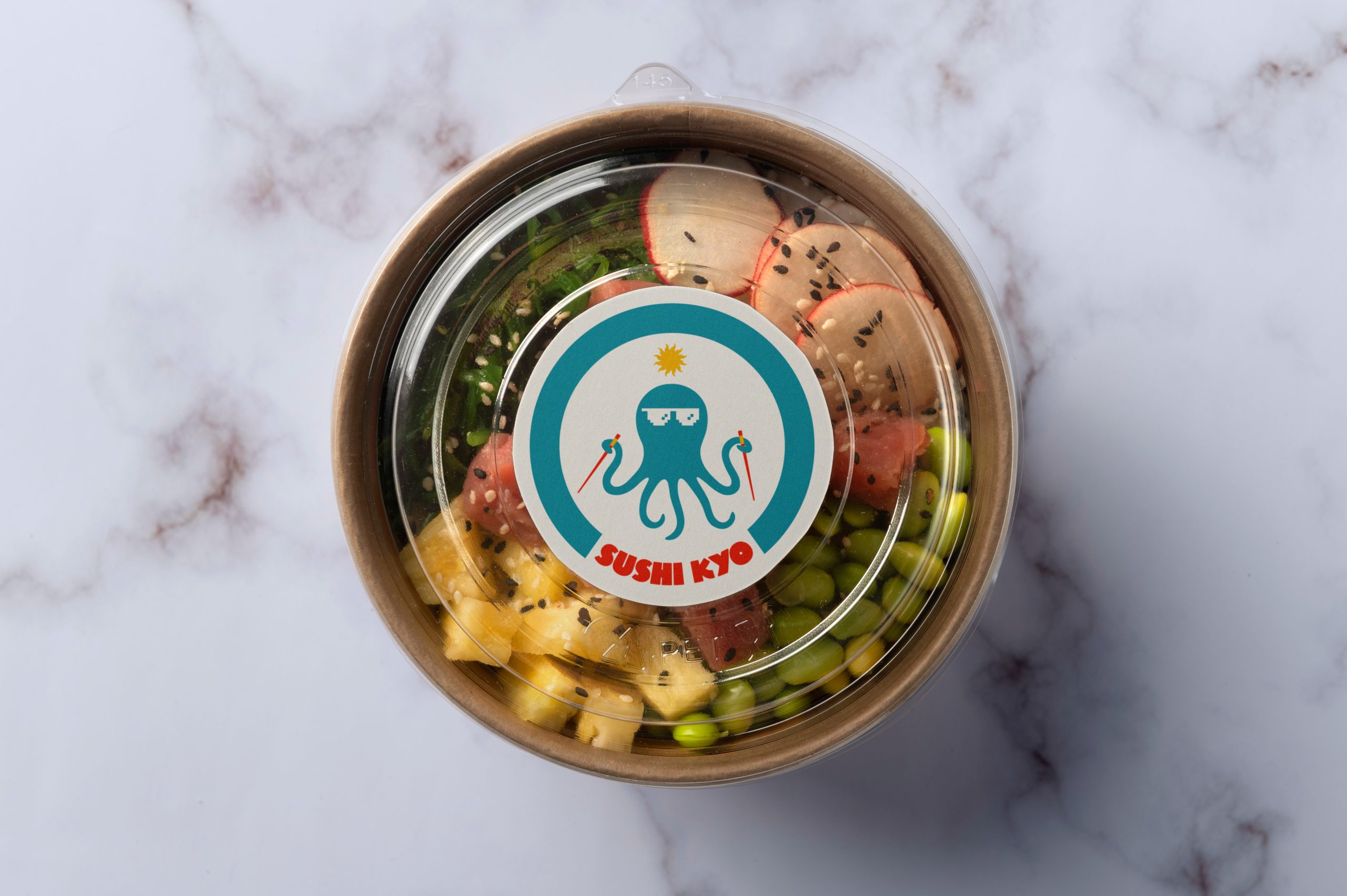 Sushi bowl packaging with octopus logo and bold colours designed for modern hospitality branding