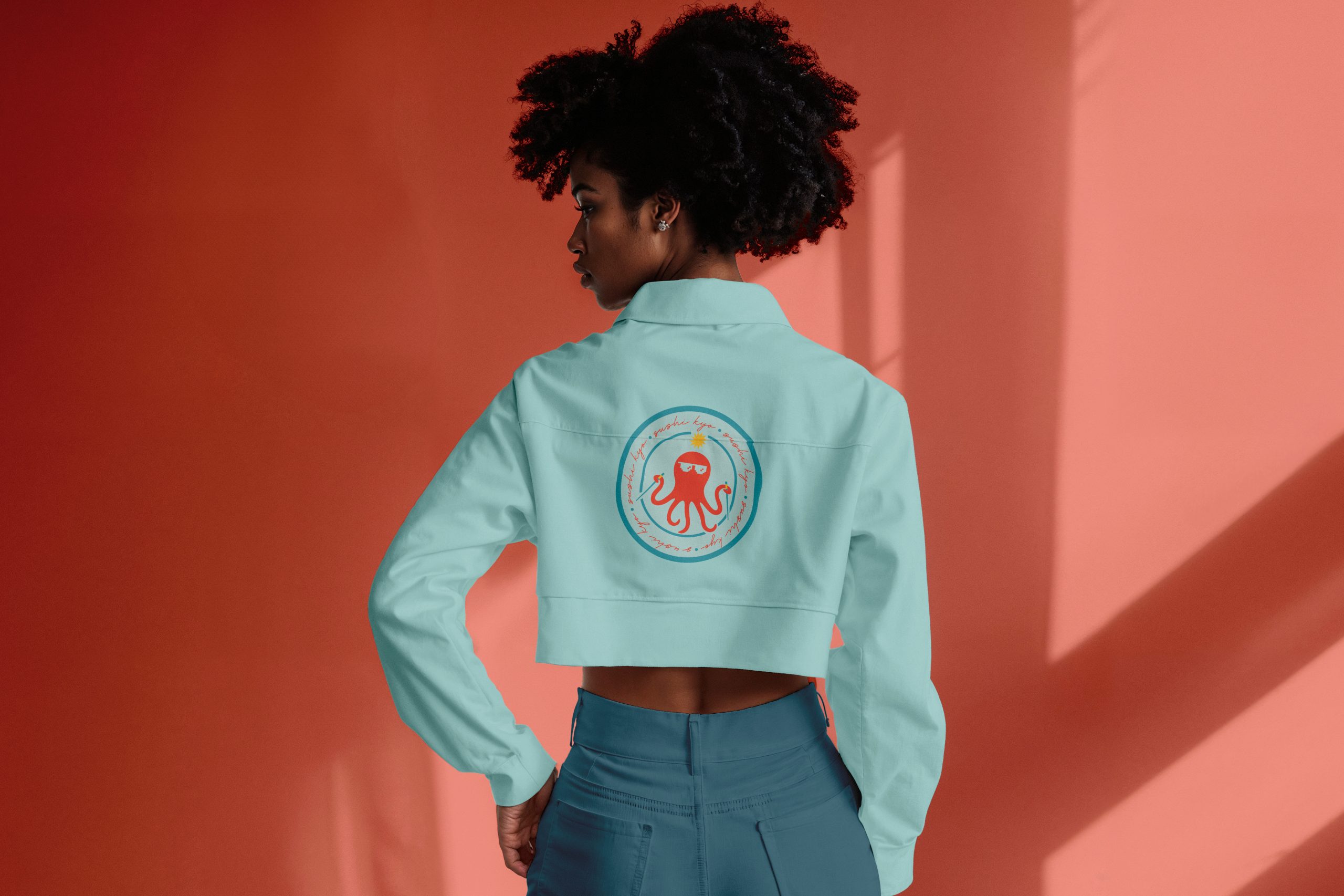 Sushi restaurant staff jacket with bold logo and modern hospitality branding