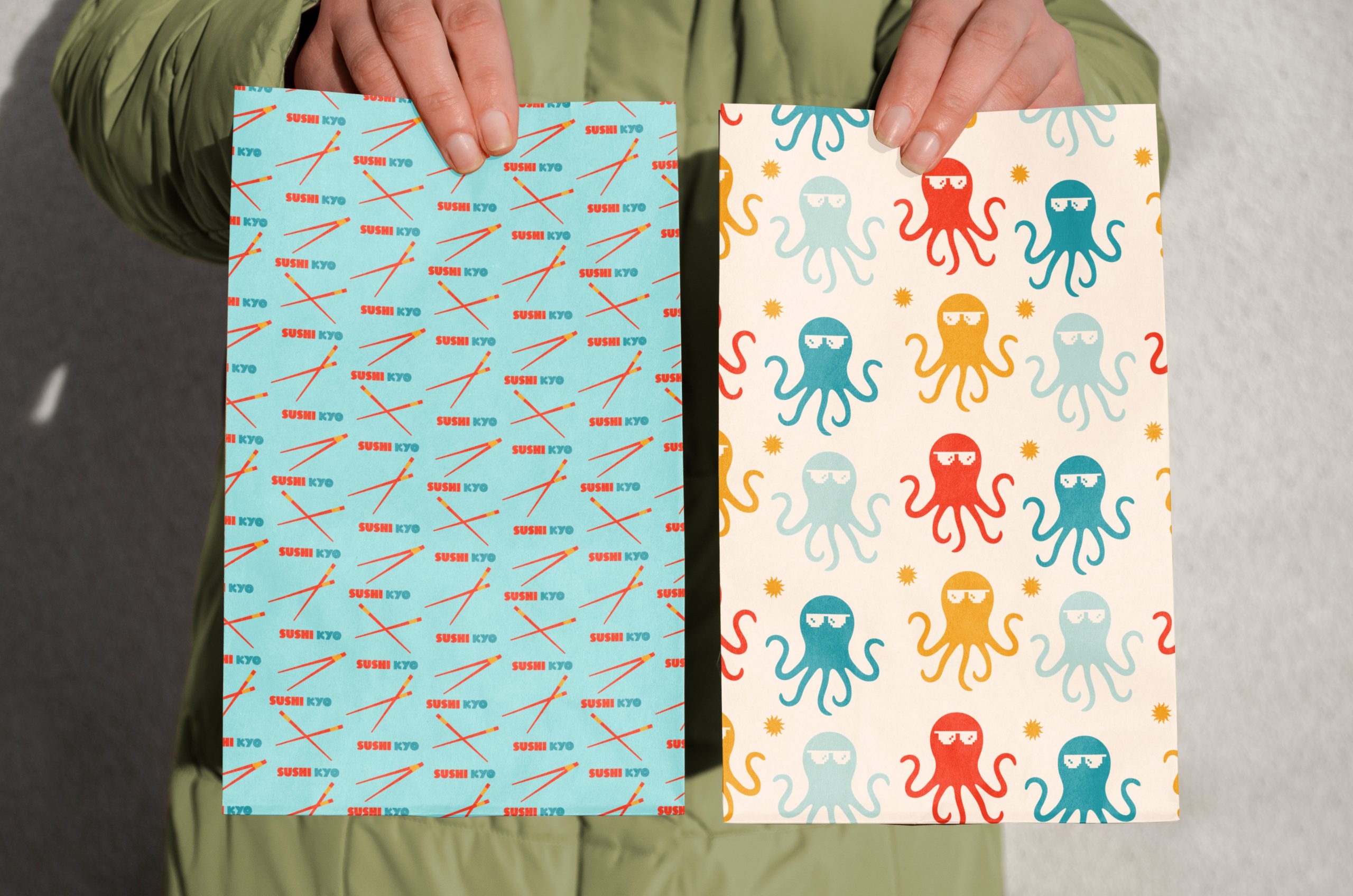 Sushi restaurant pattern design with chopsticks and octopus illustrations