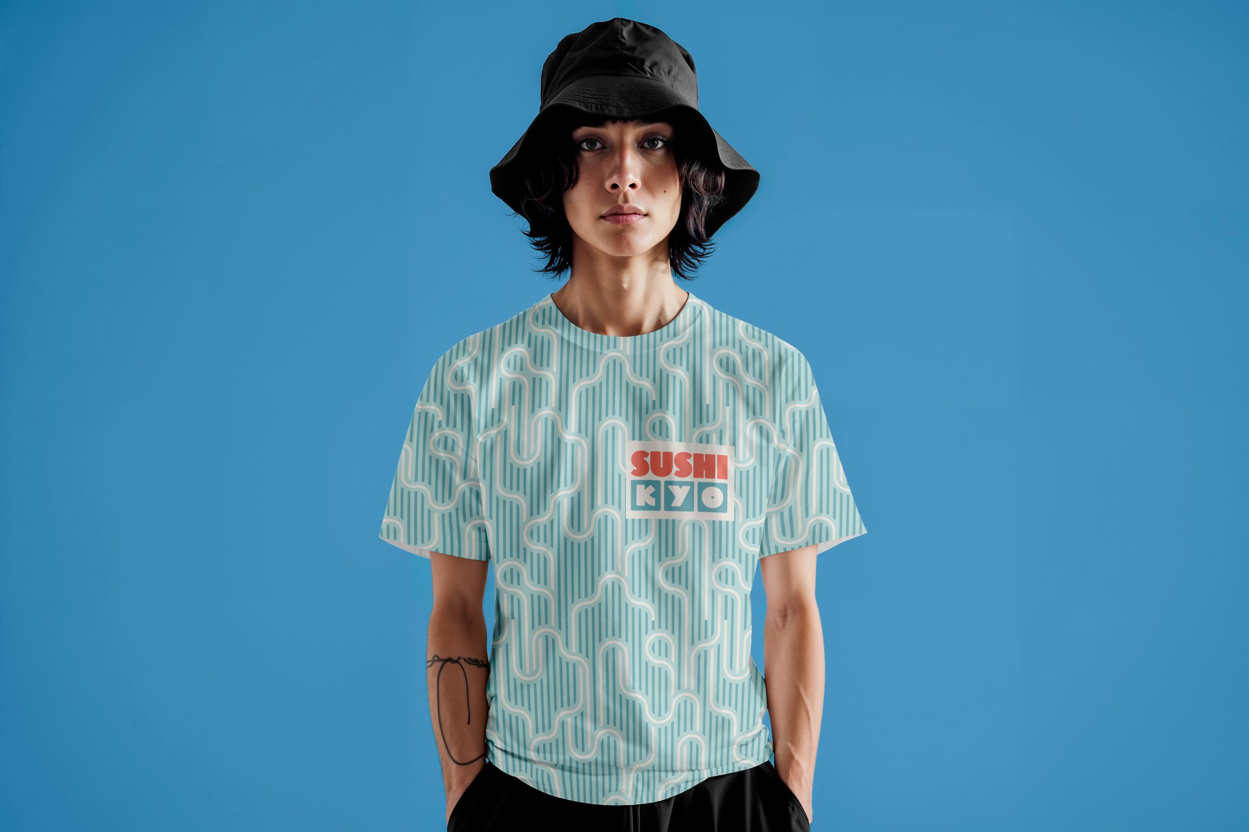 Sushi restaurant t-shirt design with custom pattern and logo