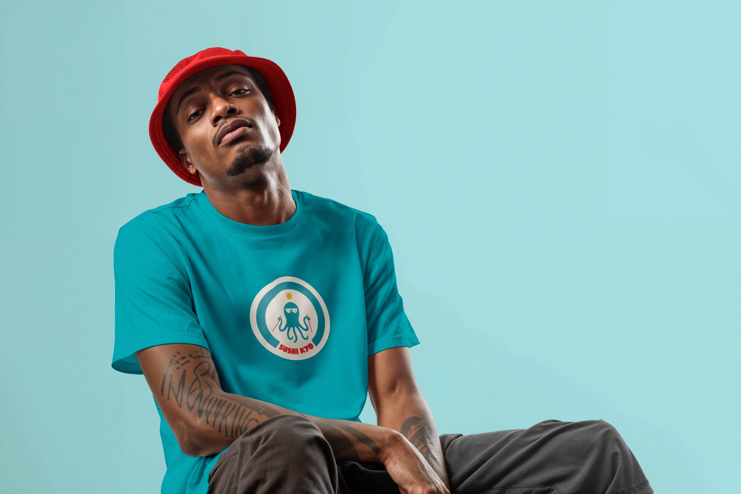 Sushi restaurant t-shirt with logo and octopus icon branding