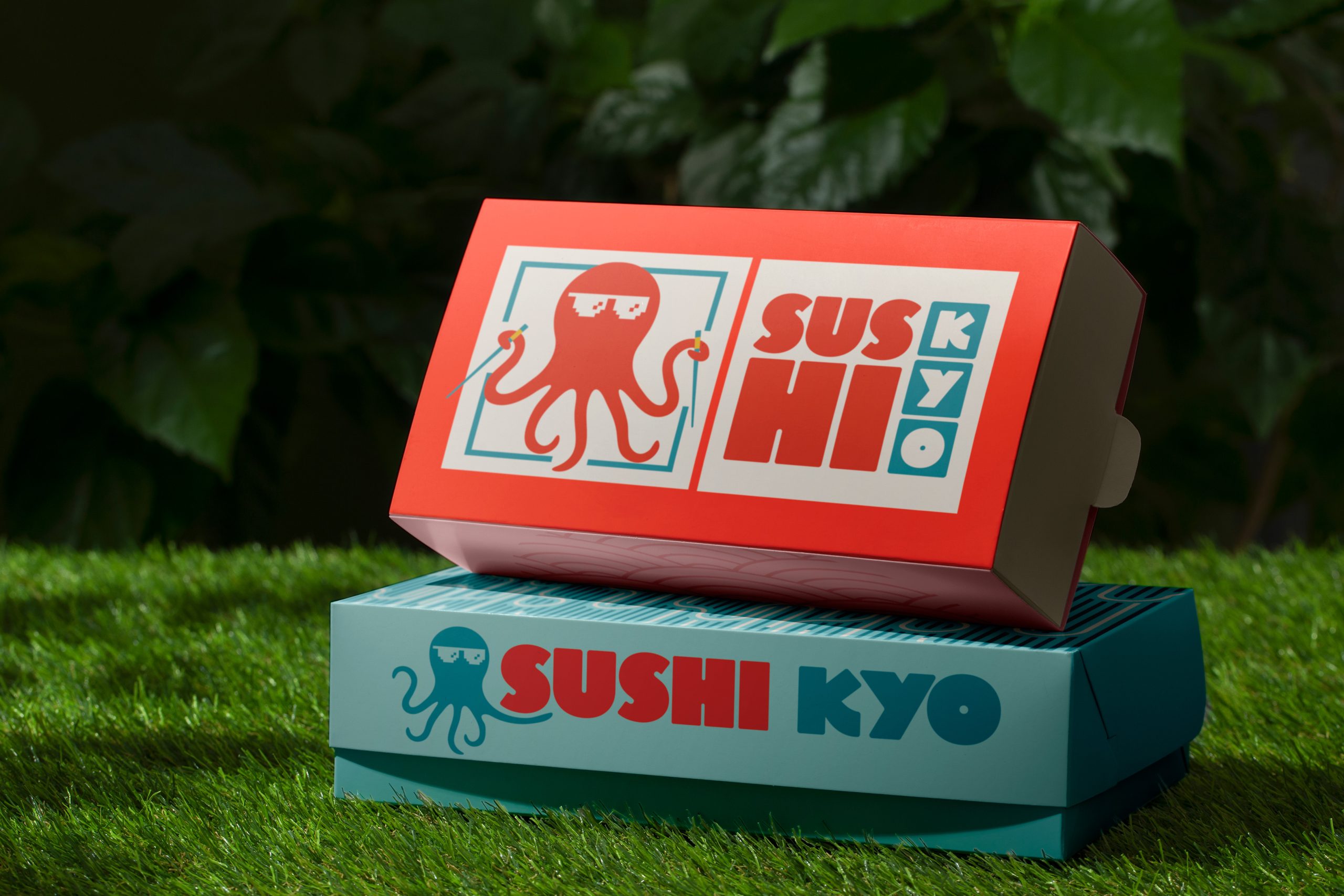 Sushi takeaway packaging boxes with bold restaurant branding