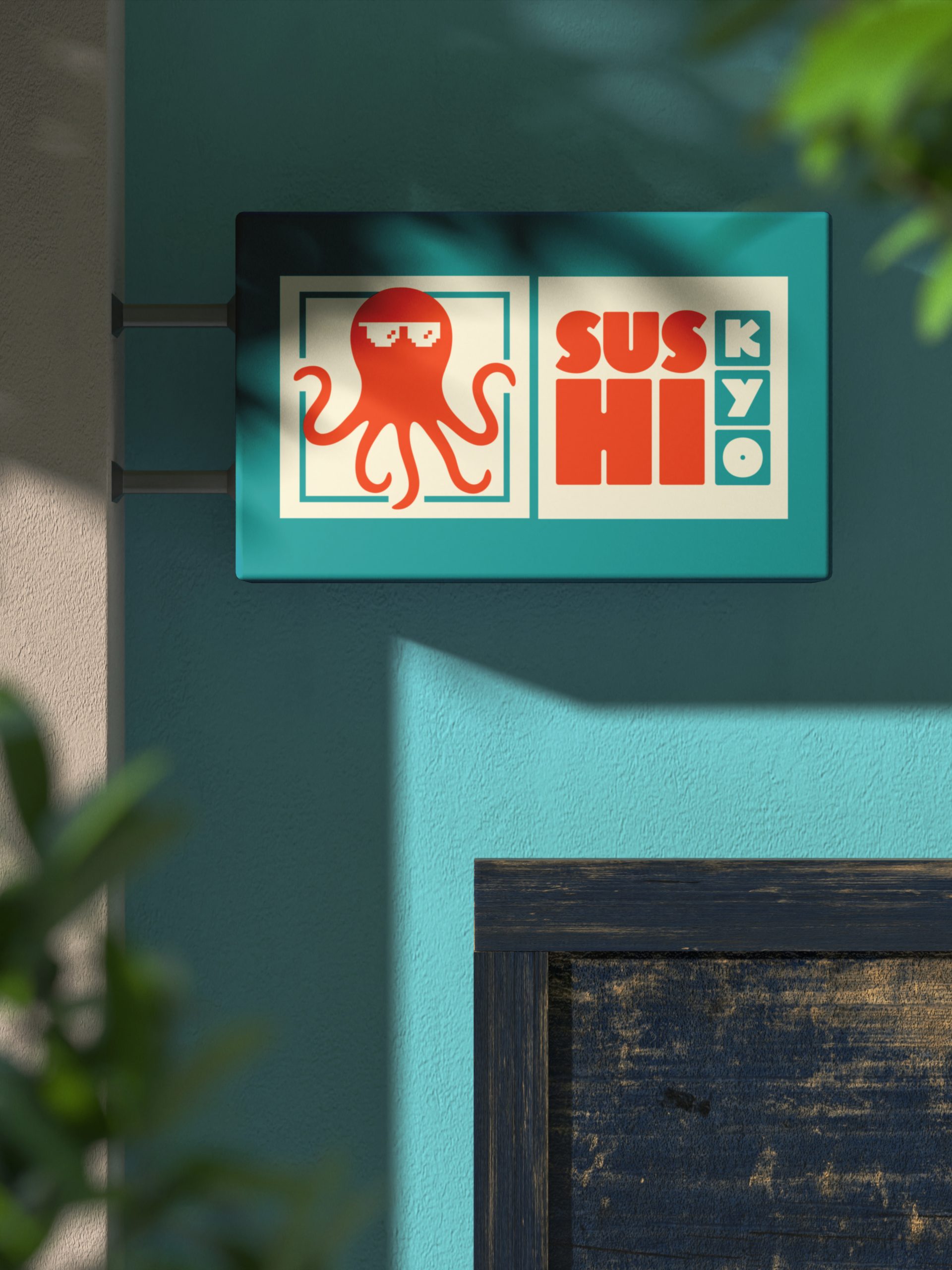 Modern sushi restaurant sign with playful octopus logo and bold colour branding