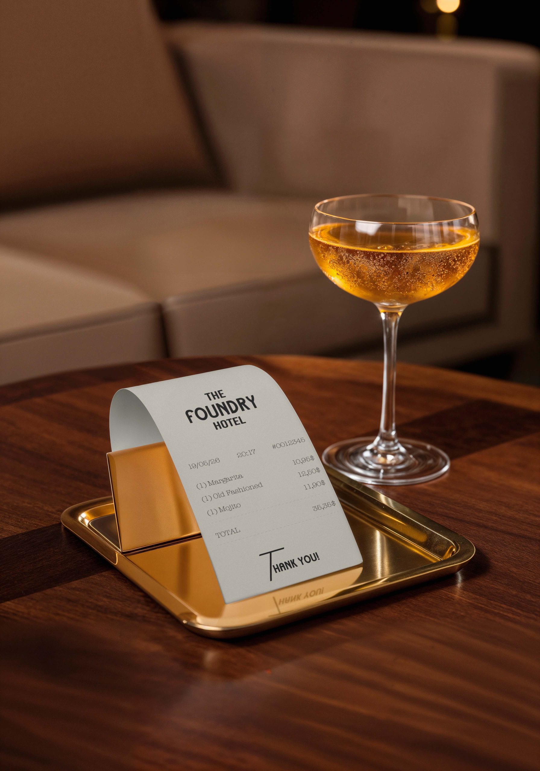 Hotel bar receipt holder with branded receipt and cocktail glass