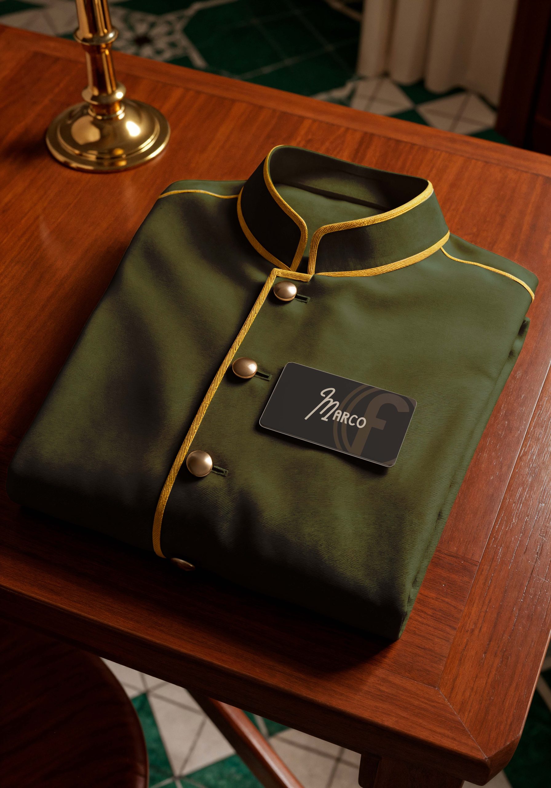 Hotel staff uniform with branded name badge displayed on a wooden table
