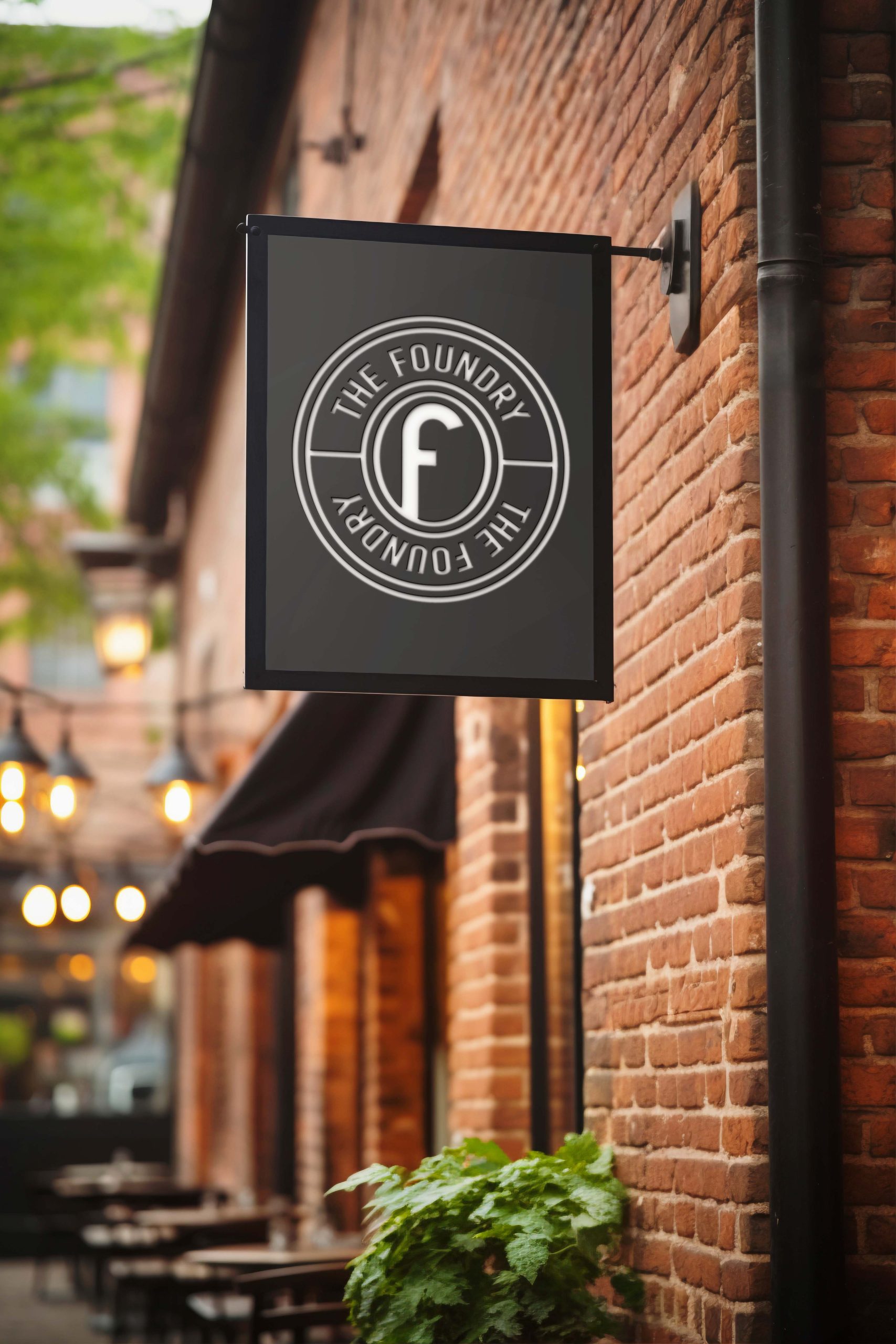 Exterior hotel sign mounted on a historic brick building