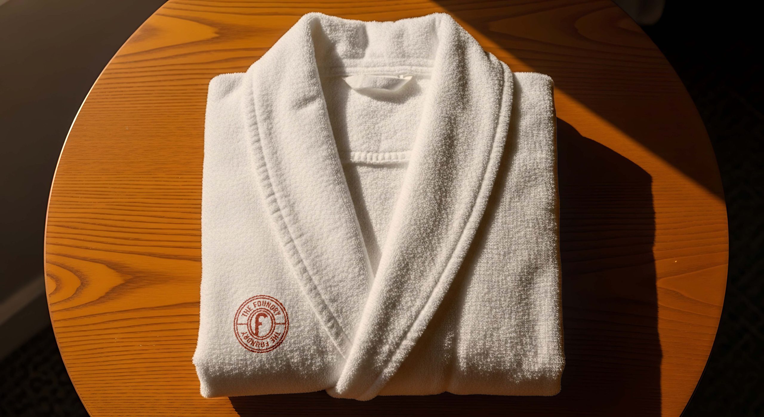 Branded hotel bathrobe embroidered with The Foundry Hotel logo