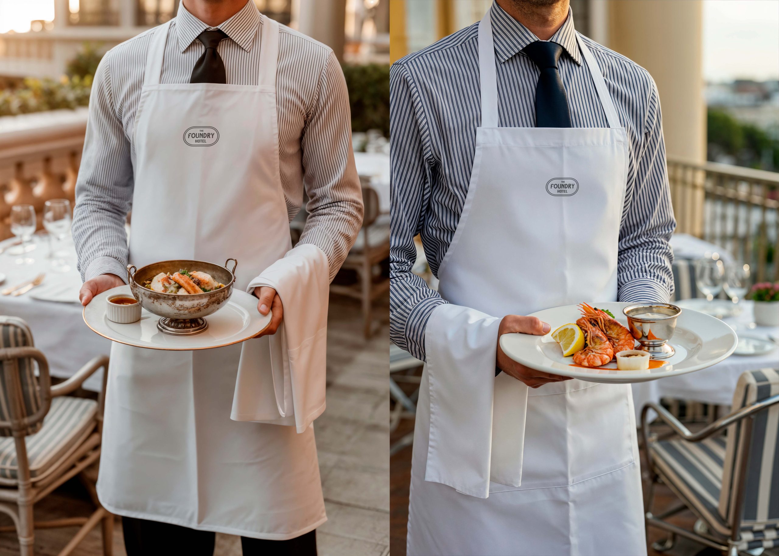 Hotel restaurant staff wearing branded aprons and serving meals