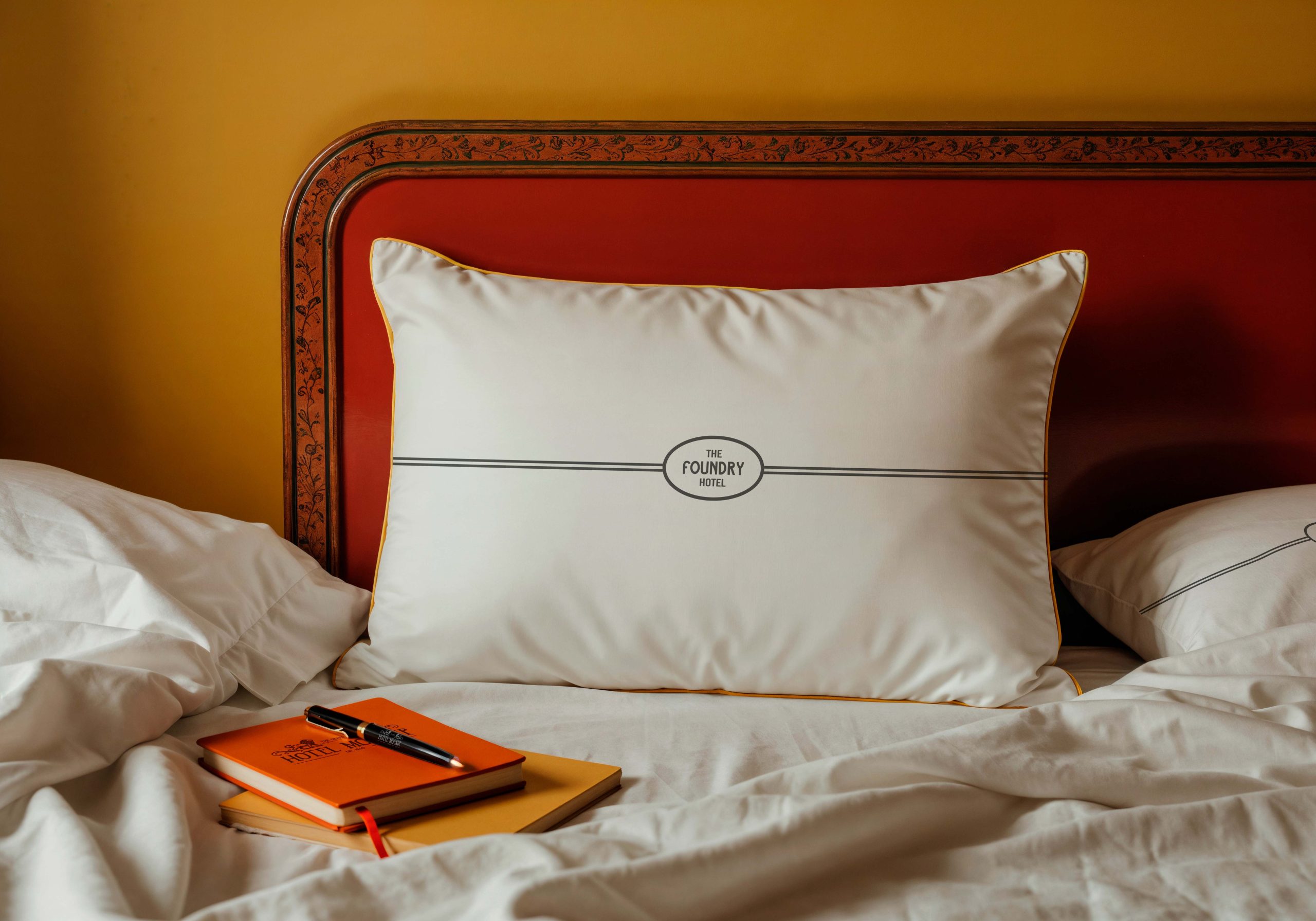 Branded hotel pillow and guest stationery displayed on a hotel bed