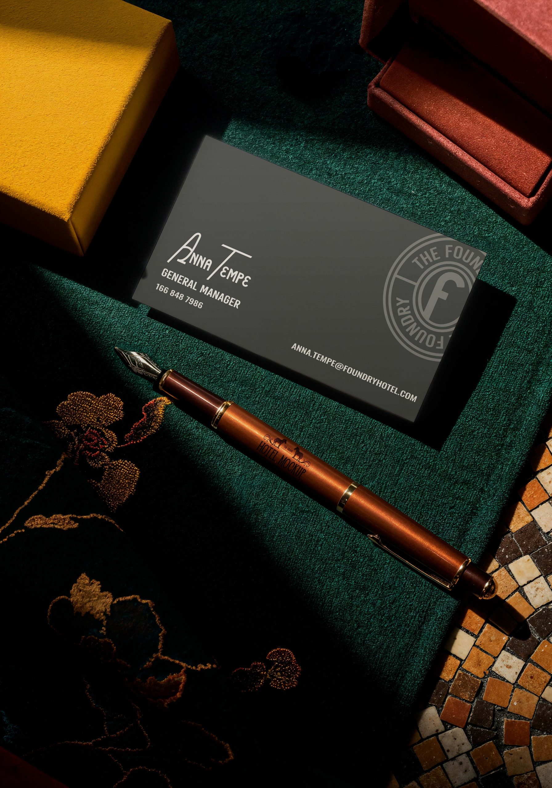 Hotel business card design featuring The Foundry Hotel branding
