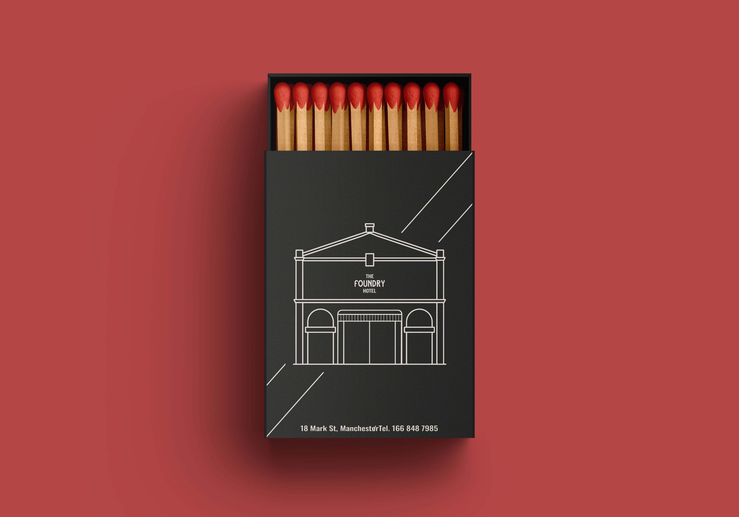Custom branded matchbox featuring The Foundry Hotel illustration