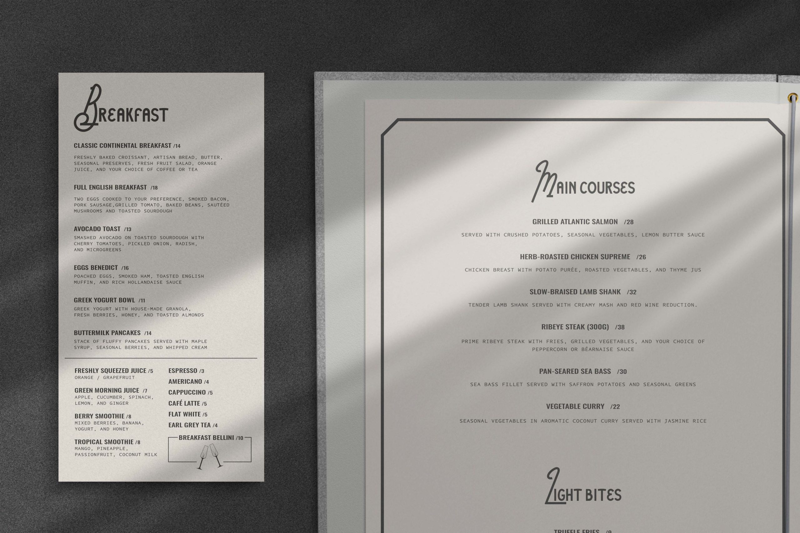 Breakfast and restaurant menu design created for The Foundry Hotel