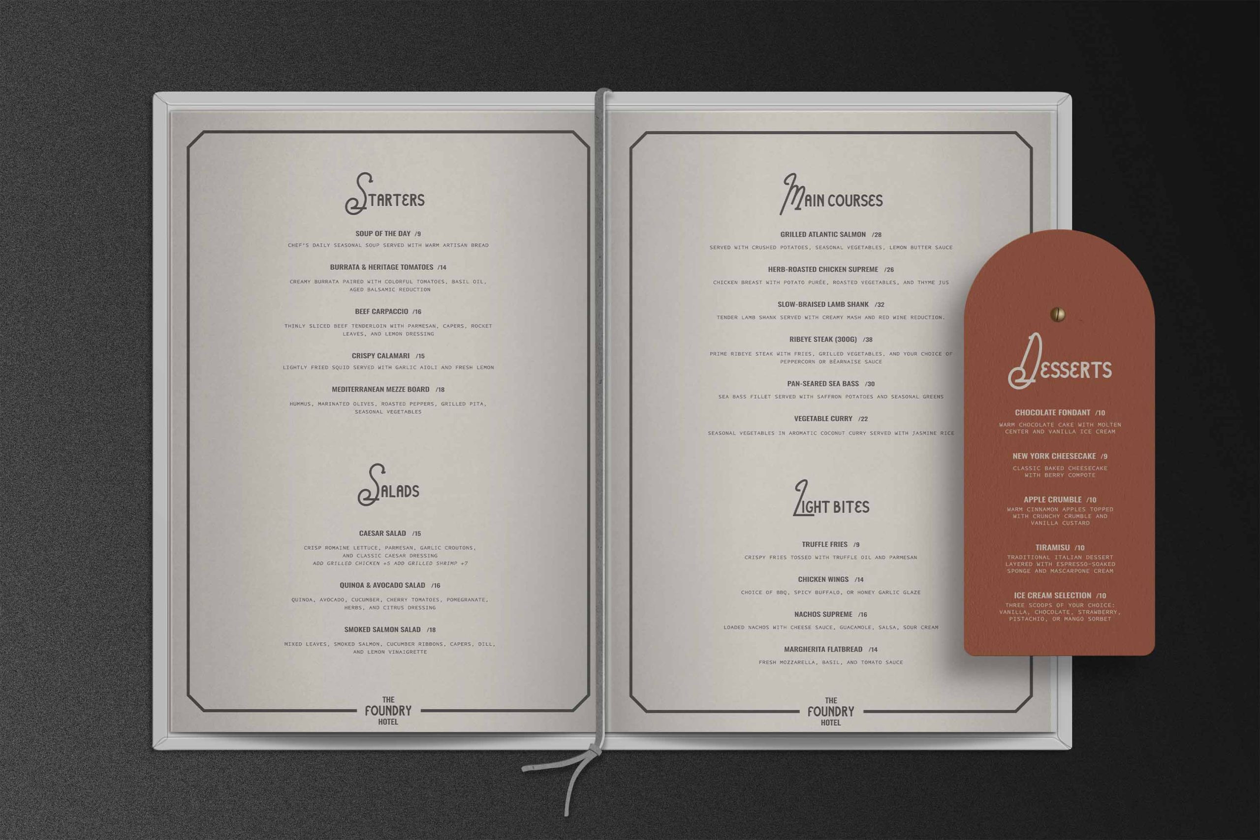 Multi-page hotel restaurant menu with branded dessert insert