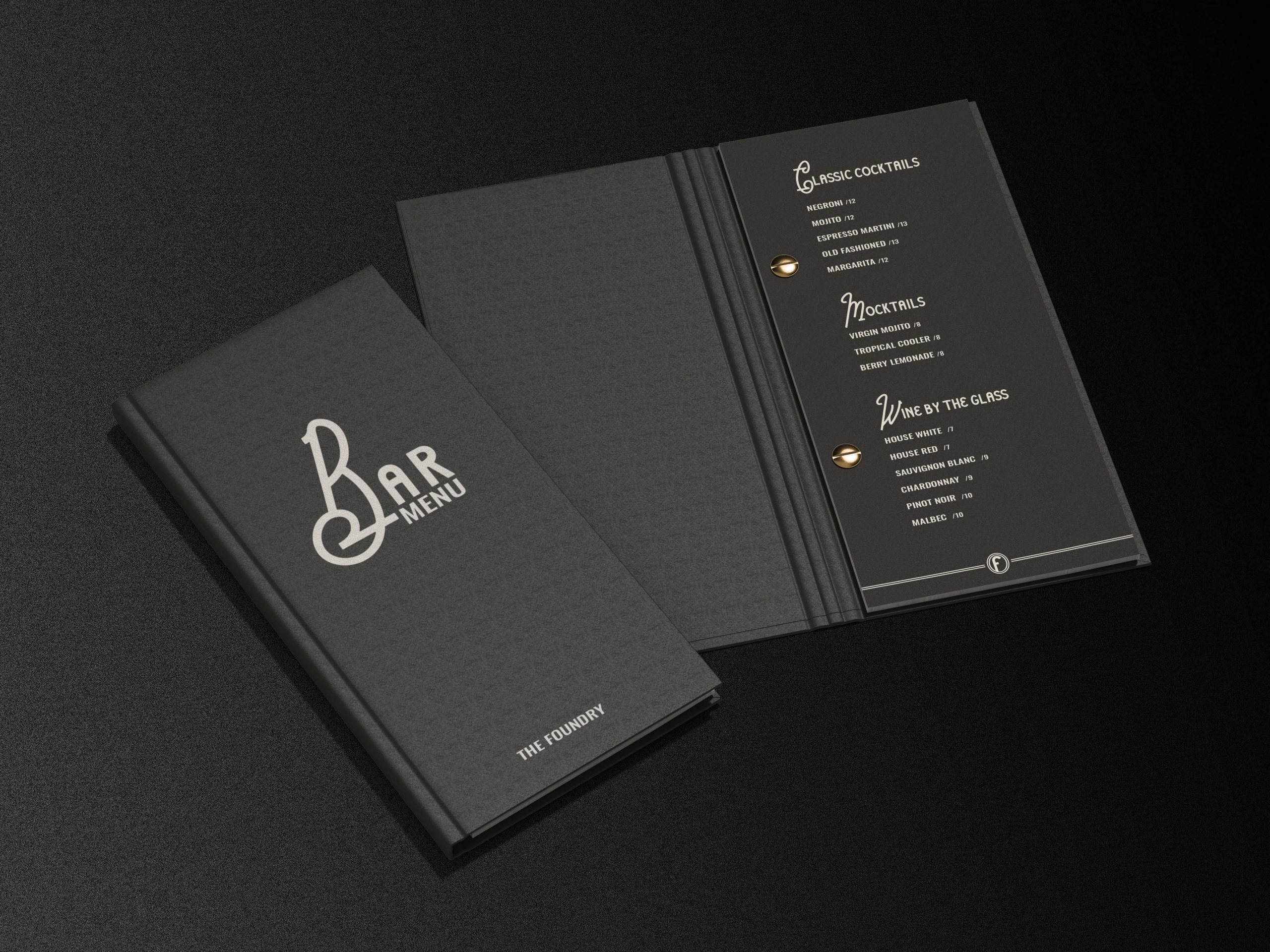 Branded bar menu design created for The Foundry Hotel
