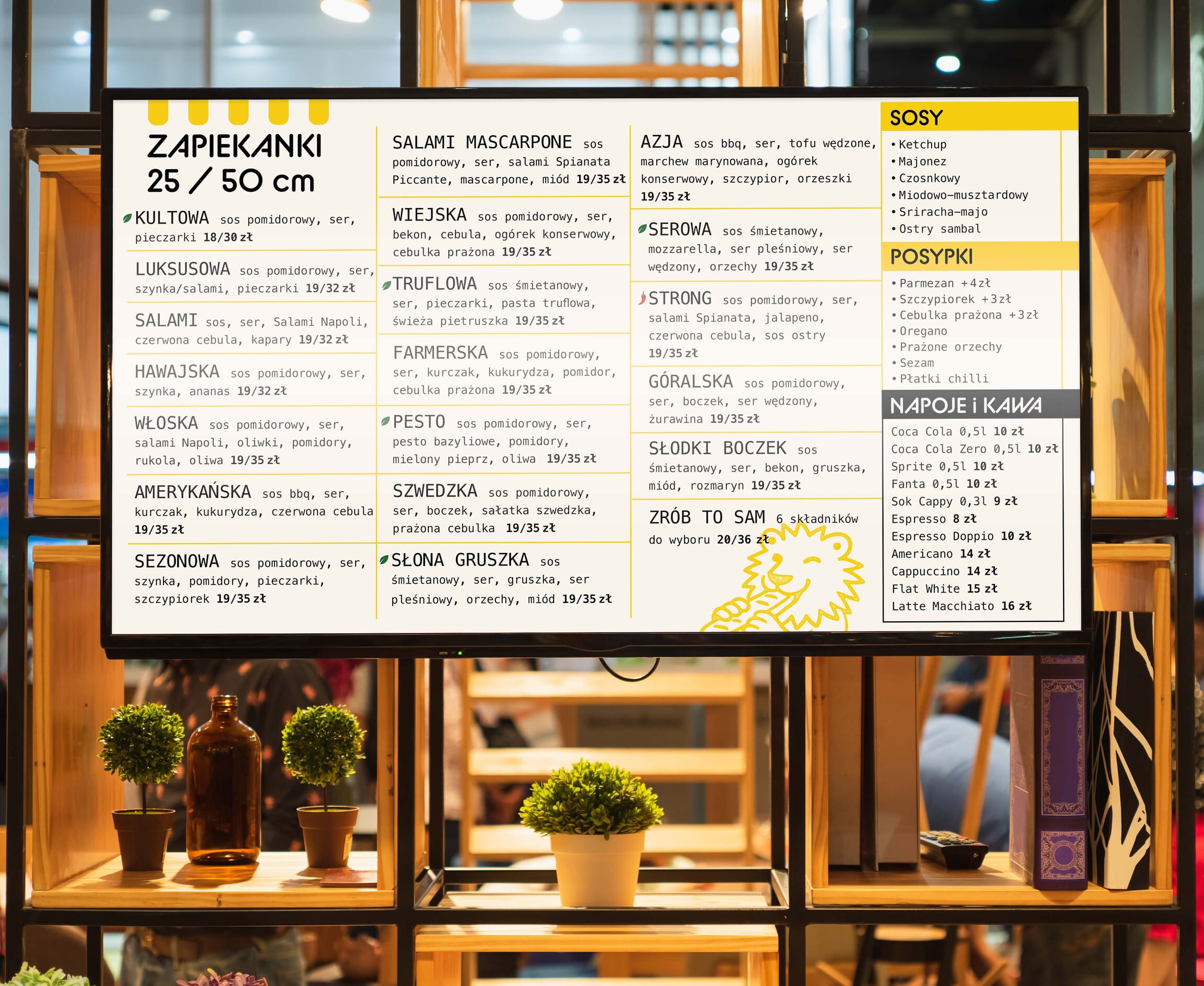 Leos Zapieksy digital restaurant menu displaying zapiekanki, sauces and drinks