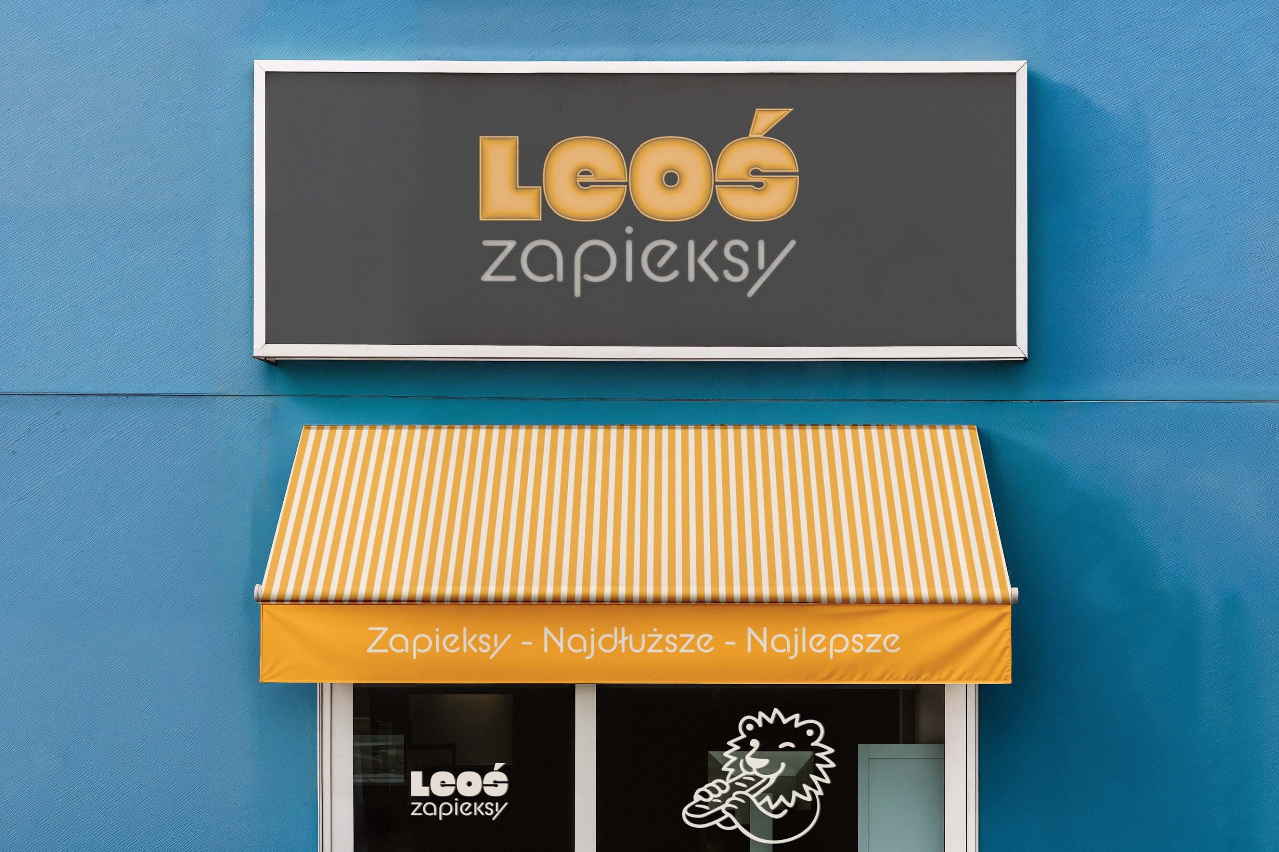Leos Zapieksy fast food restaurant branding with yellow striped awning and storefront signage