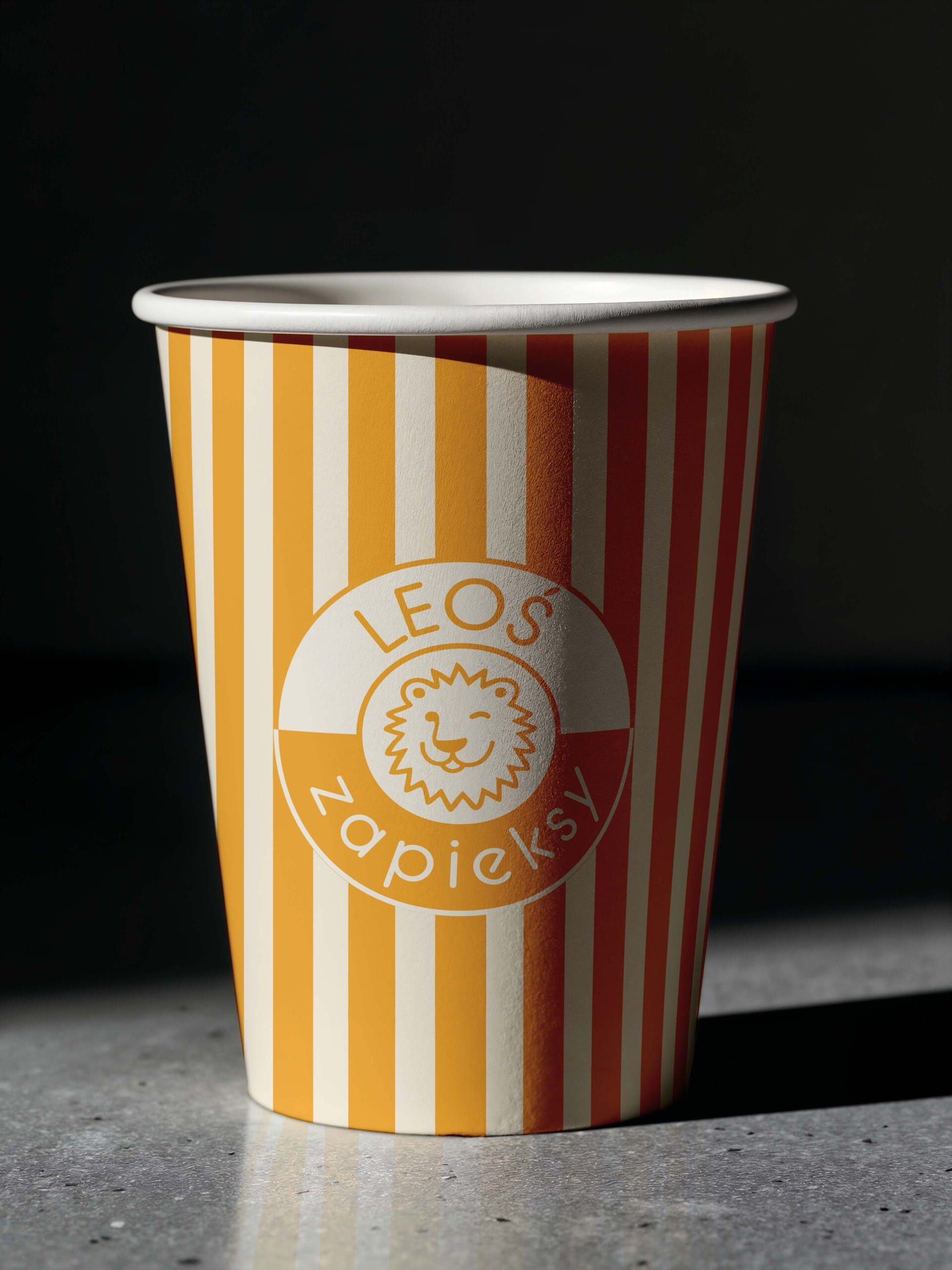Leos Zapieksy branded takeaway cup with yellow striped packaging design