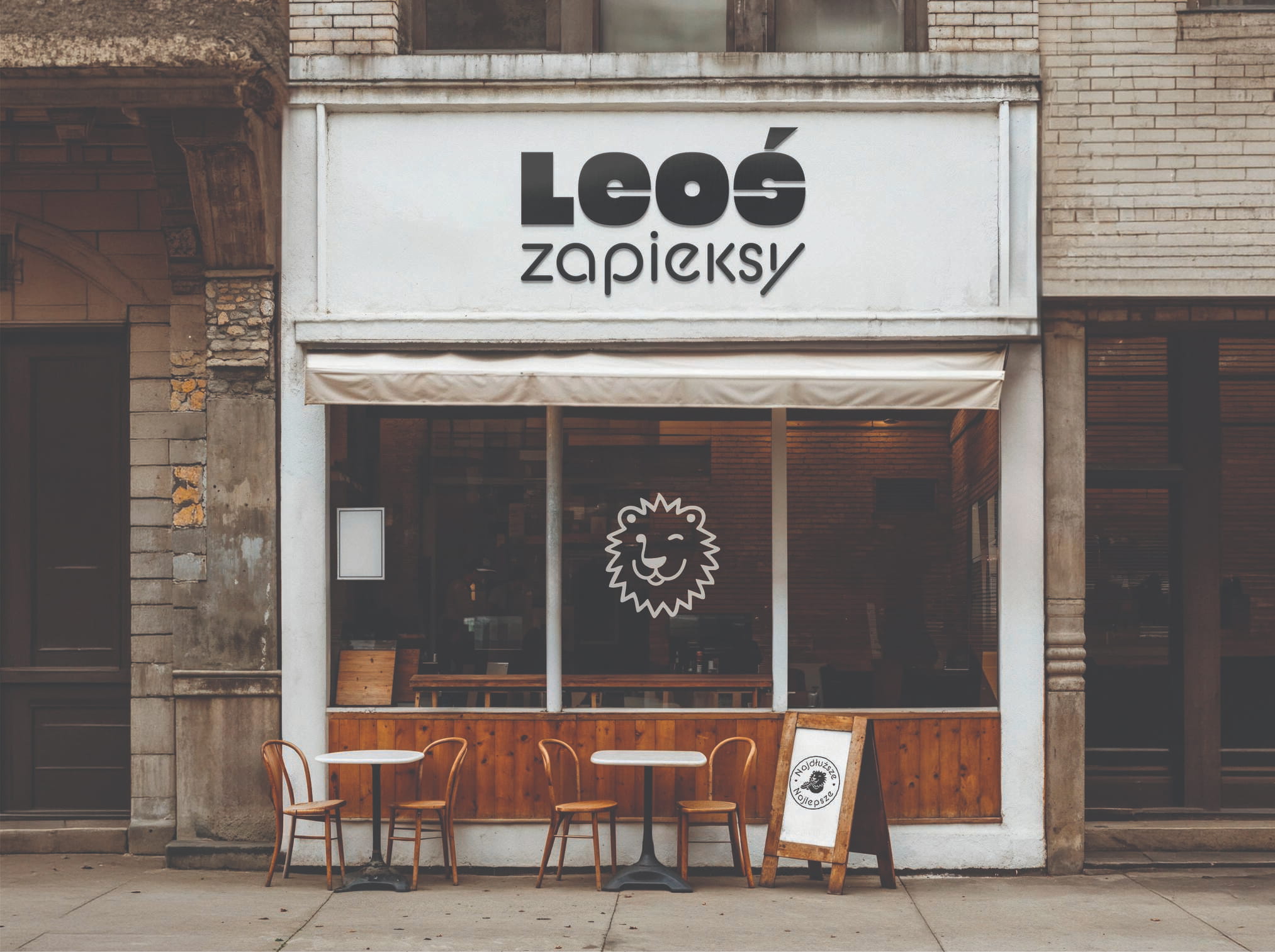 Leos Zapieksy restaurant storefront with custom logo, lion mascot and exterior signage